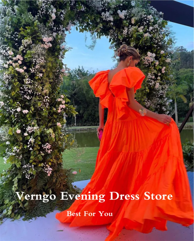 Verngo Fashion Bright Orange Long Prom Dresses Deep V Neck Short Sleeves Floor Length Evening Gowns Women Party Dress