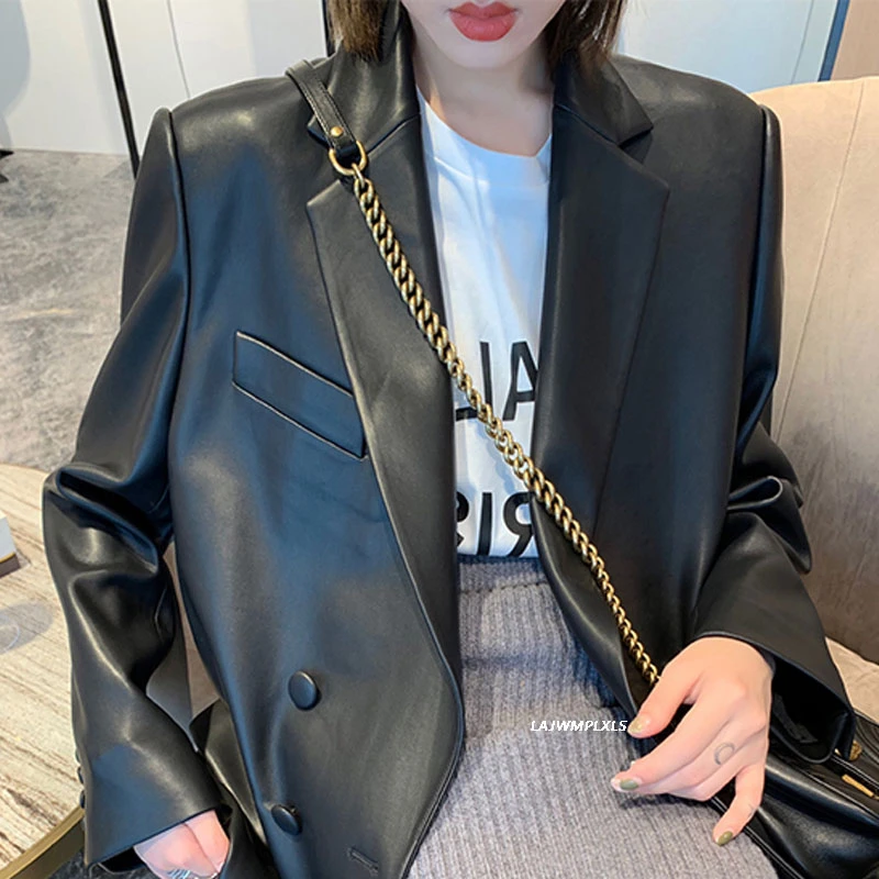 Korean 2022 New High Quality Spring Autumn Black Long Sleeve PU Leather Jacket Women Pocket Female Loose Blazer Fashion PY198