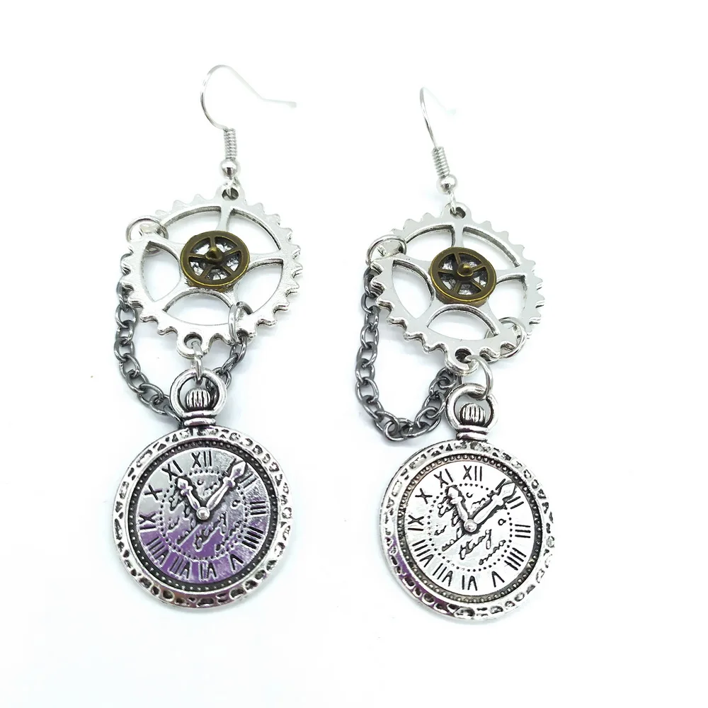 New Arrival Vintage Style Axle Gears and Clock Charm Women`s Steampunk Earrings