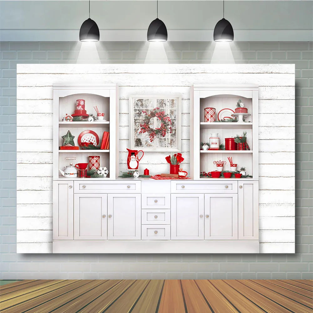 Fundo de fotografia de natal armário branco cozinha pano de fundo presentes vermelho utensílios de mesa de aniversário de inverno partybackground prop