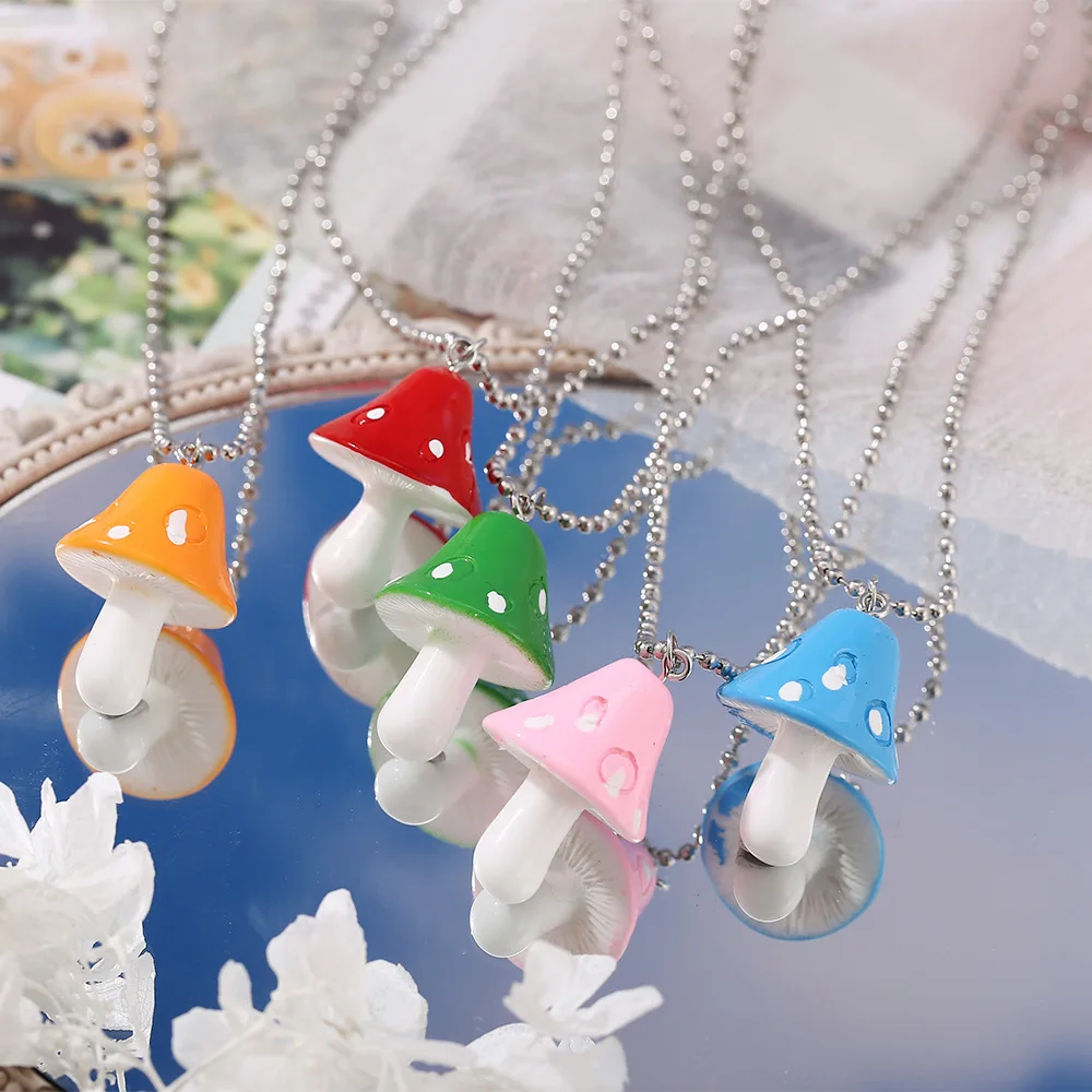 Indie Colorful Cute Mushroom Pendant Necklace for Women Beads Chain Cartoon Resin Goblincore  90s Aesthetic accessories Jewelry