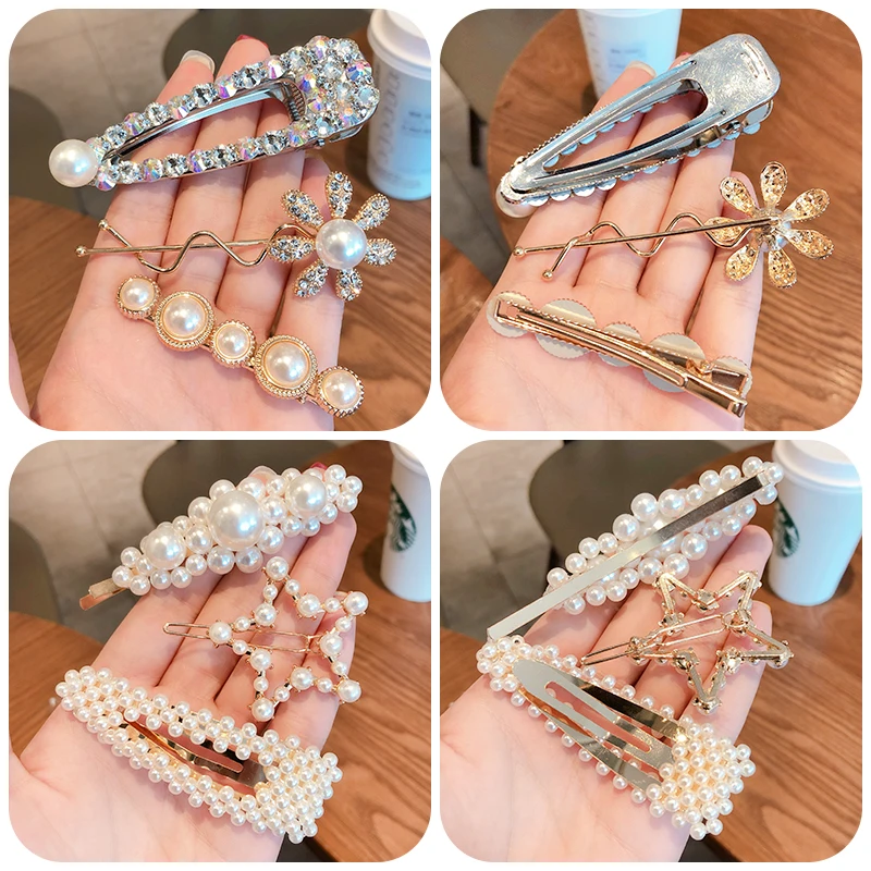 3/4/5/7/8/12 Pcs/Set Women Girls Elegant Pearls Geometric Ornament Hair Clips Female Lovely Flower Hairpins Hair Accessories