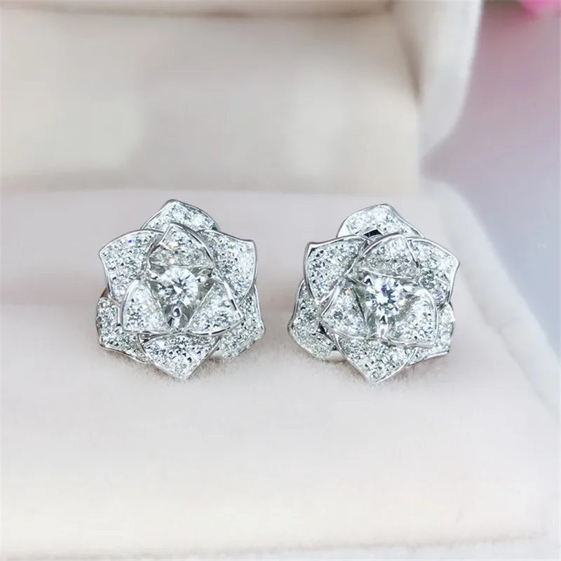 Flower Diamond Stud Earring Real 925 sterling silver Jewelry 24K Gold Engagement Wedding Earrings for Women Bridal Party Gift