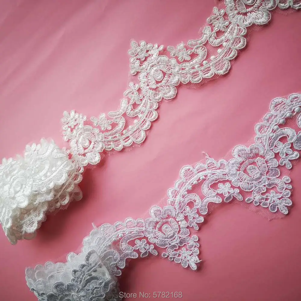 3Yard/7cm  White Ivory Cording  Edge Polyester Embroidery Lace Trim for Bridal Wedding Gown Costume Design Lace Ribbon