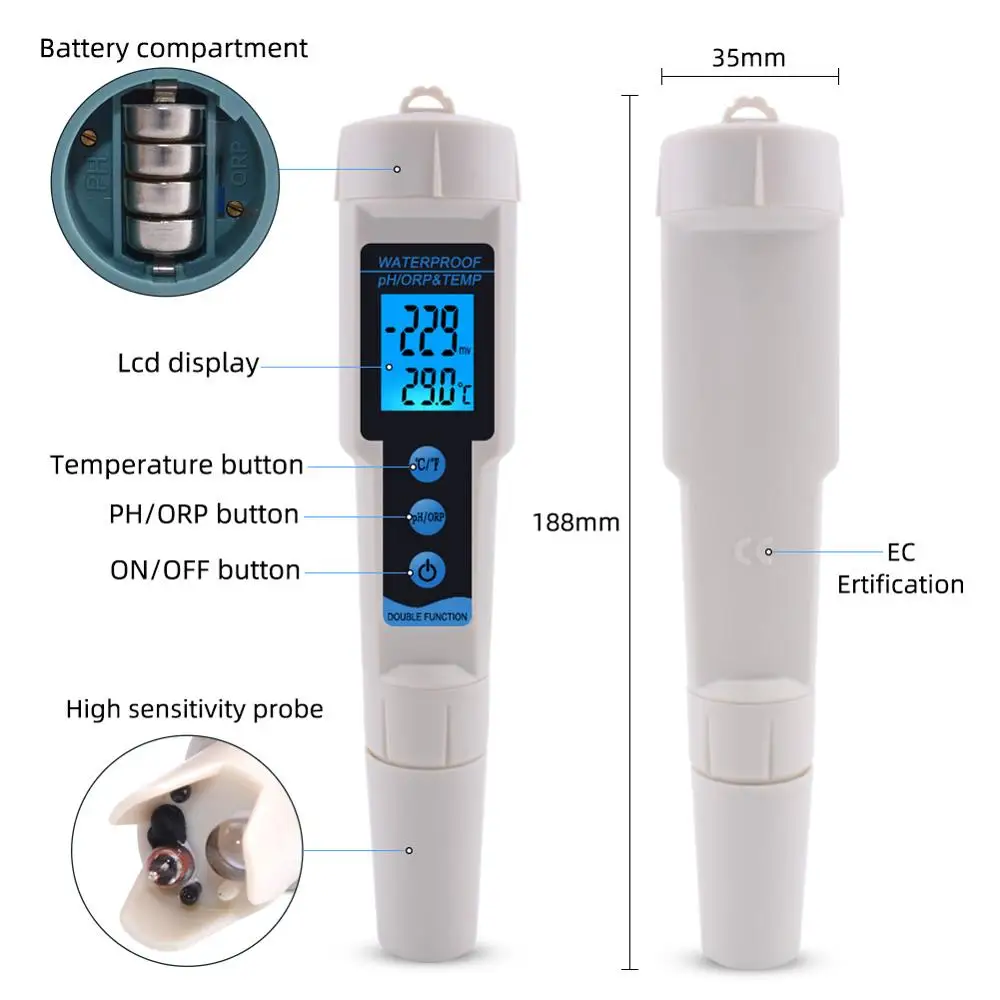 yieryi ORP-3569 ORP Meter 3 in 1 pH ORP TEMP Tester with Backlight Multi-parameter Digital Tri-Meter Water Quality Monitor