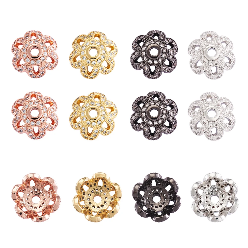 10pcs Eco-Friendly 6-Petal Flower Brass Micro Pave Cubic Zirconia Bead Caps For DIY Handmade Jewelry Making Bracelet Accessories