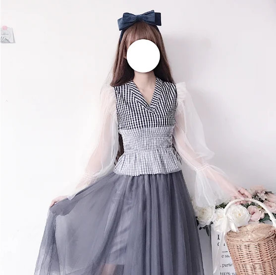 Mesh stitching puff-sleeved V-neck baby shirt long-sleeved shirt Puff skirt suit victorian dress kawaii girl gothic lolita girl