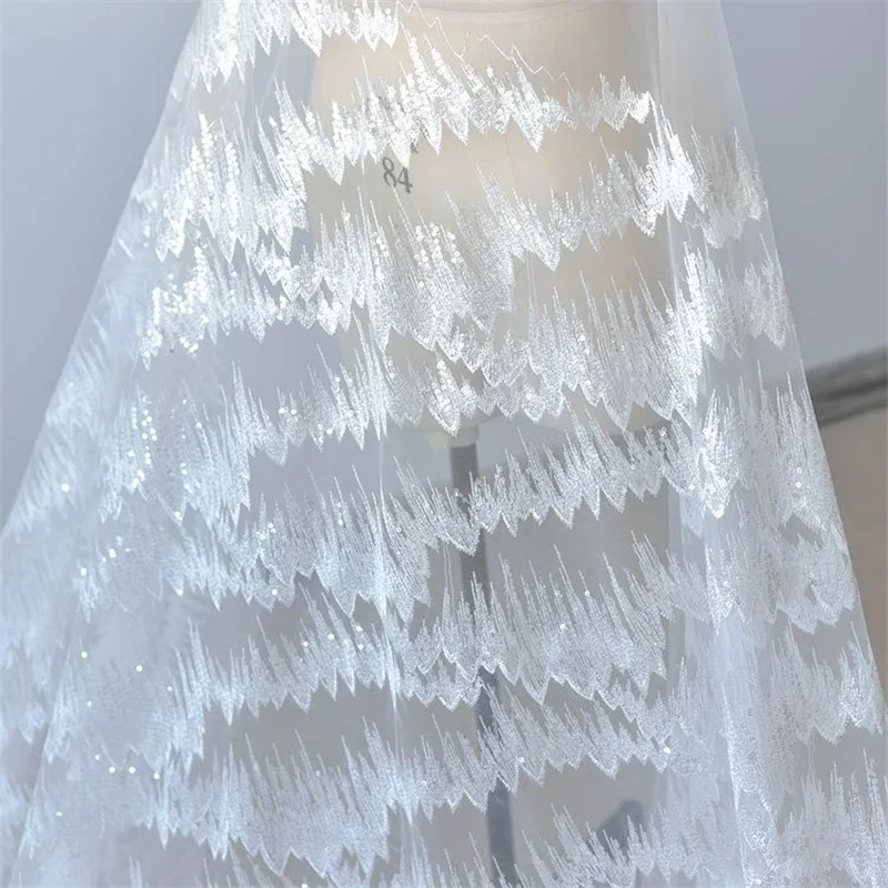 

Off White Heavy Luxury Sequins Embroidery Tulle French Party Wedding Gown Lace Fabric