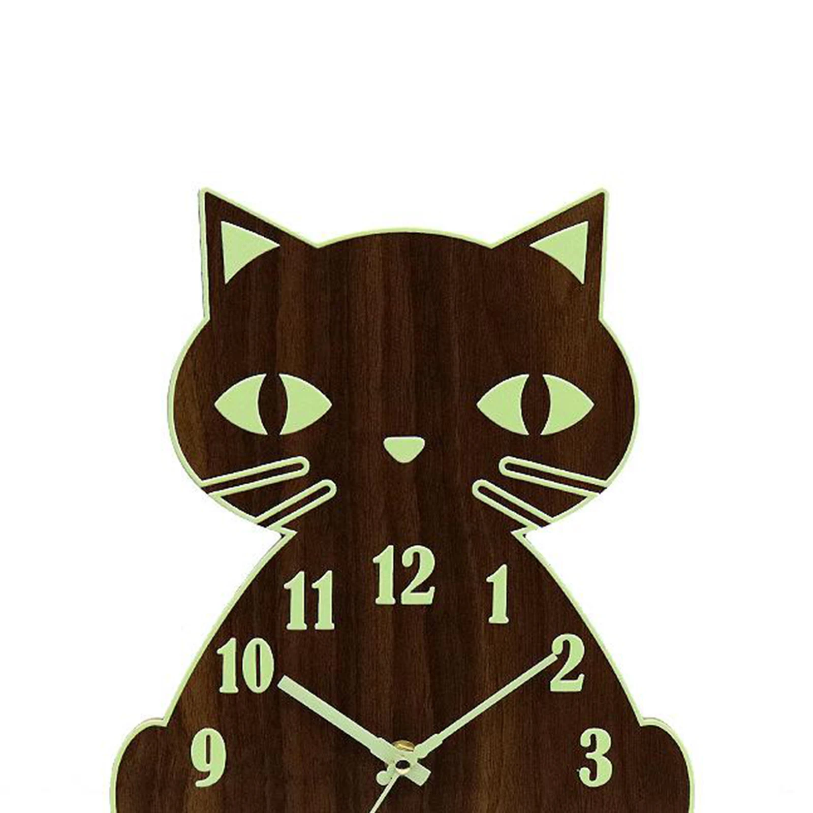 Walnut Color Wooden Silent Cat Luminous Wall Clock, Battery Operated, Numerals