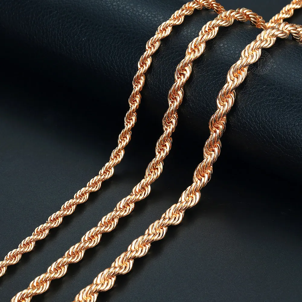 585 Rose Gold Color Women Men\'s Necklace Foxtail Curb Weaving Rope Snail Link Herringbone Beaded Pearl Chain 50/60cm Jewelry