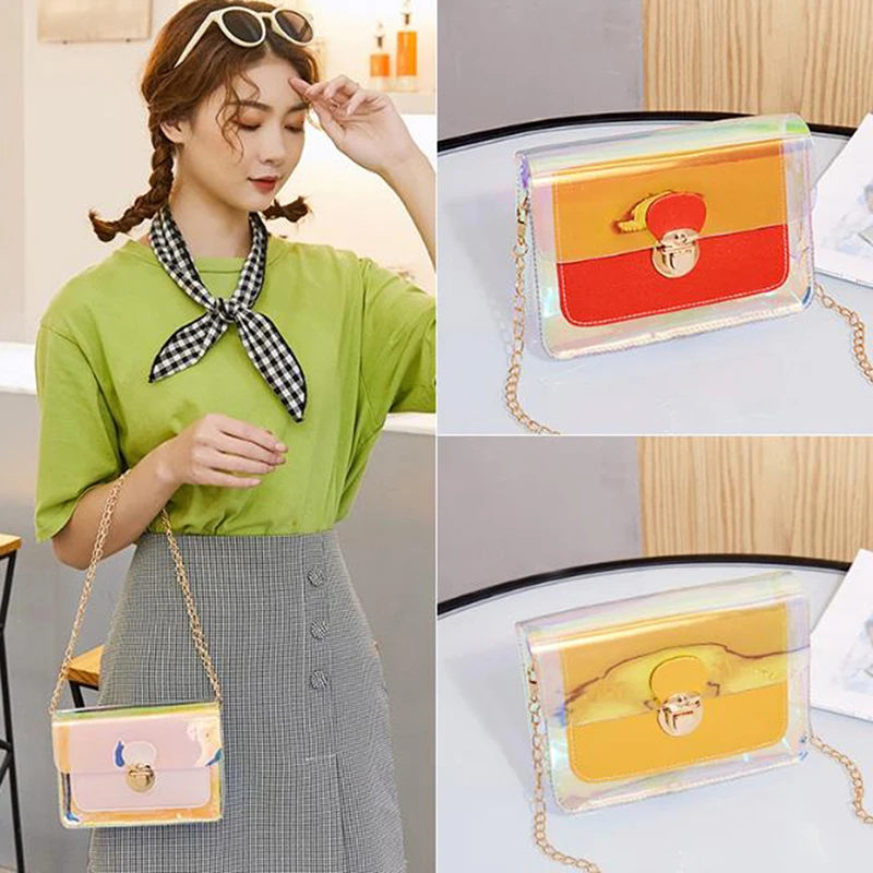 Women Fashion PVC Clear Jelly Clutch Bag Purse Tote Casual Shoulder Handbag Summer Beach Laser Holographic Bag