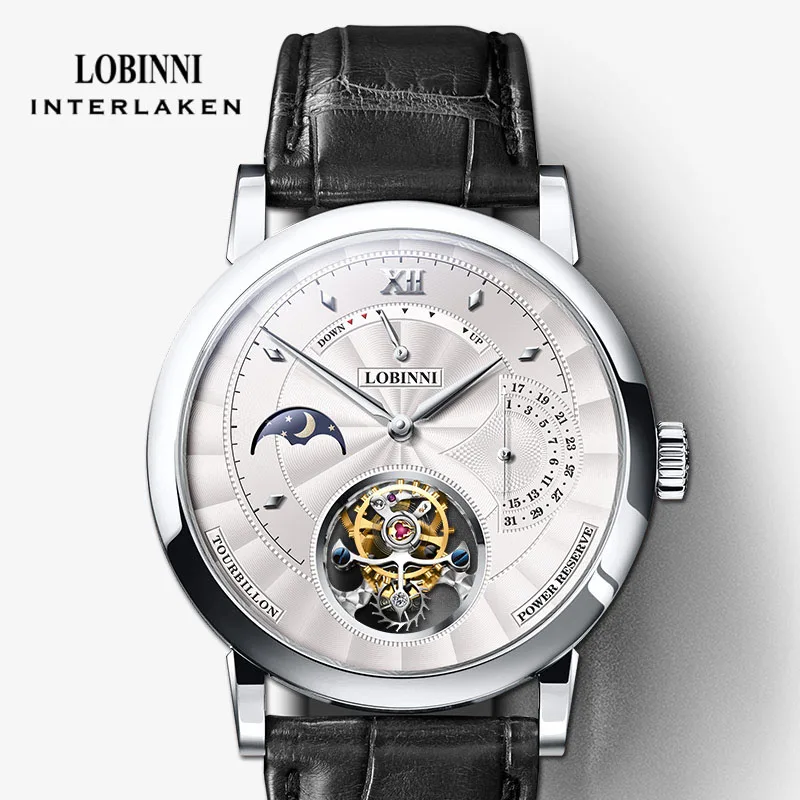 ساعة LOBINNI Real Tourbillon للرجال حركة النورس ساعة ميكانيكية زجاج الياقوت مرحلة القمر ساعة ميكانيكية متعددة الوظائف