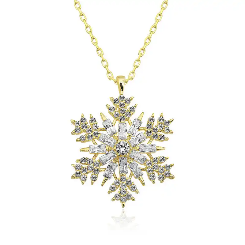 Silver Gold Snowflake Pendant 925 Sterling Women Fine Jewelry Wedding Party Birthday Gift - Box - Stone - Pendant - Chain Choker - Female - Ladies - Fashion