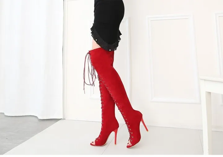 

2020 New Cross-Tied Zipper Woman Black Red Boots Gladiator Open Toe Woman Summer Over The Knee High Heels Female Party Boots