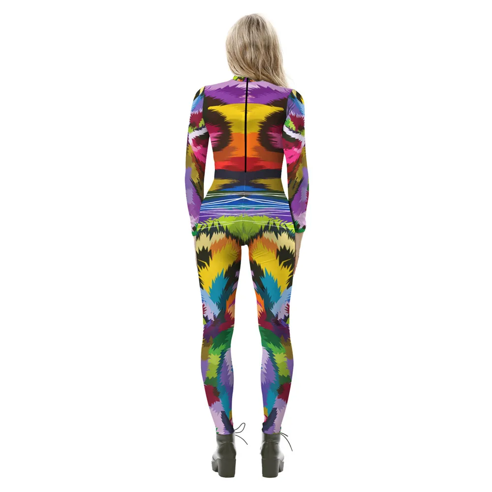 FCCEXIO Jumpsuit Gambar Harimau 3D Warna-warni Bodysuit Elastis Cosplay Seri Pesta Jumpsuit Kurus Wanita Seksi Lengan Panjang