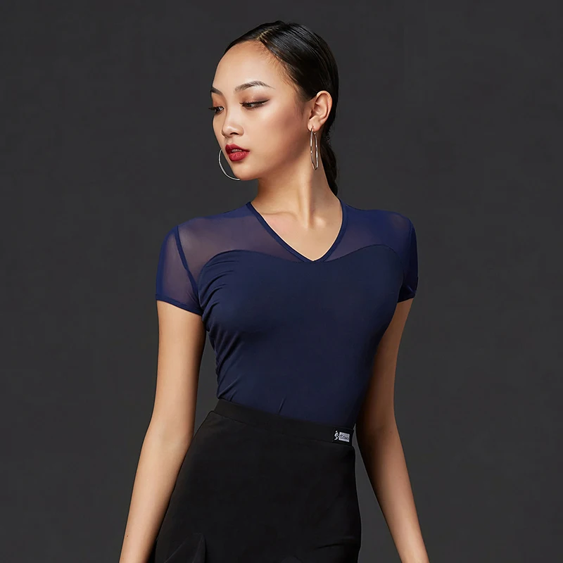 Tops de baile latino para mujer, ropa de práctica con cuello en V, camisa de salón para mujer, trajes profesionales de competición, DQS1007