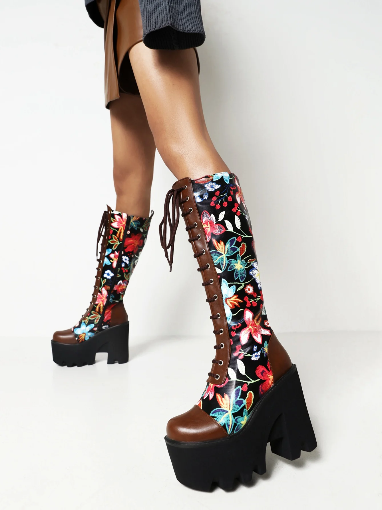 Square Head Flower Texture Cross Strap Punk Style Women's Thick-Soled Knee-Length Boots Super High Platform Heel Platform Boots