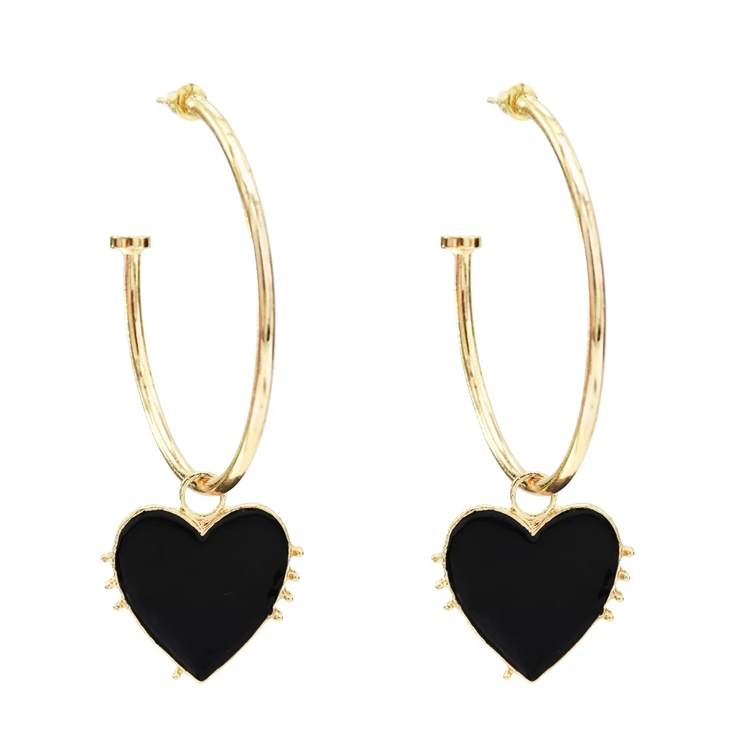 Bohemian Black White Love Heart Pendant Earrings For Women Big Circle C Shape Gold Color Endless Hoop Earrings Party Jewelry