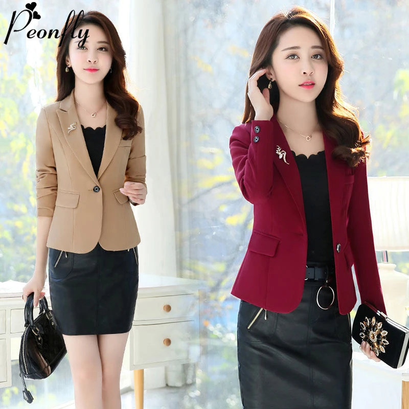 PEONFLY-Blazer décontracté de style coréen pour femme, veste de travail avec poches, manteau slim, couleur unie, mode 2020