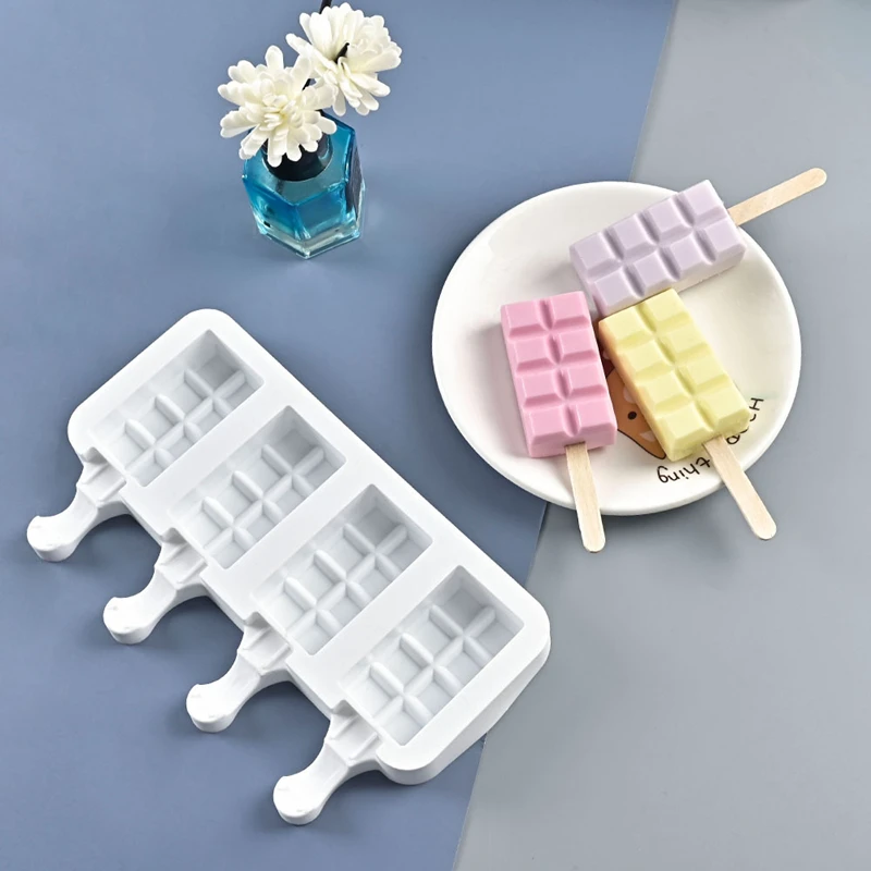 4 Hole Square Ice Cream Cube Mold Silicone Popsicle Barrel Moulds Homemade Dessert Summer Freezer Fruit Juice Maker Tray