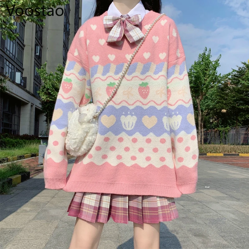 Autumn Winter Knitted Women Sweet Strawberry Print Pullovers Spring Fashoin Girls Japanese Style Casual Loose Sweaters Outwear