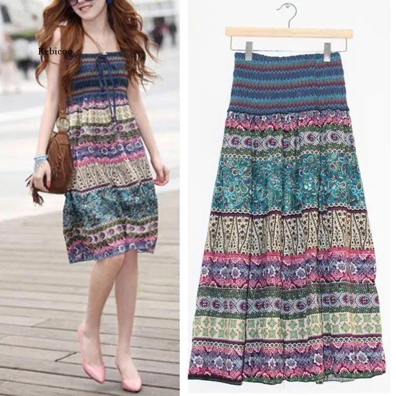 High Waist Boho Floral Women Long Skirt Pleated A-line Elastic Sashes Vintage Women\'s Skirts Spring Summer Fashion beach Clothes