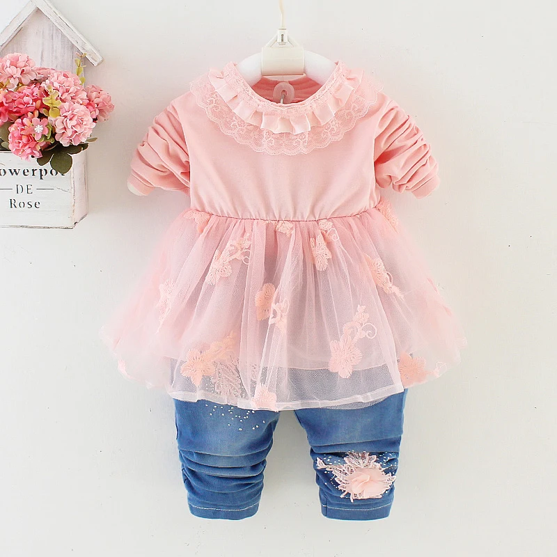 Spring Autumn Infant Toddler Baby Girl Denim Clothing Sets 3 pcs Long Sleeve T Shirt Tops Denim Jacket and Jeans Trousers