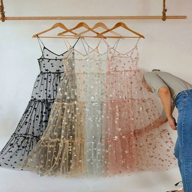 

Spaghetti Dresses Straps See Through Summer Sweet Tulle Long Women Fashion Bling Bling Dress