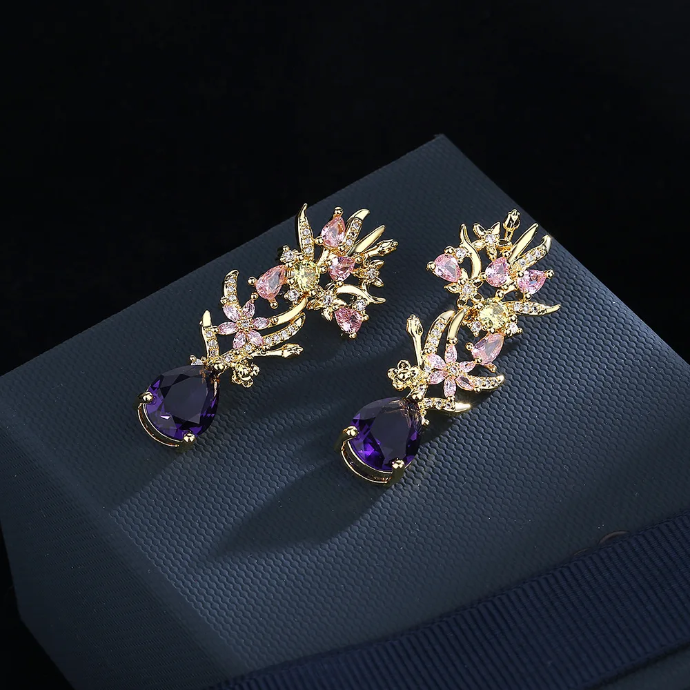 Exaggerated atmosphere zircon flower earrings fashion colored diamond hollow catwalk street photography female party jewelry