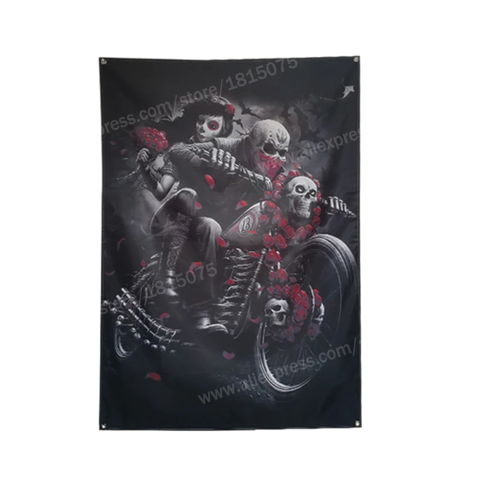 Skull Tattoo Motorcycle Biker Roses Flag Banner Sexy lady Beauty Art Home Decoration Hanging 4 Gromments in Corners 3*5FT