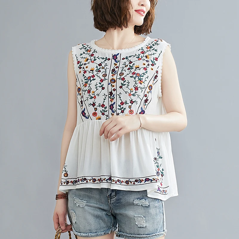 2021 Summer Vintage Floral Embroidery Cotton Blouse Women Tops Sleeveless Ruffle See Through Black Blouses Shirt Vetement Femme