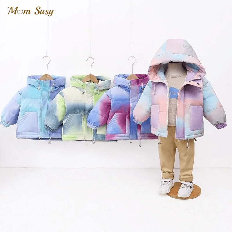 

Baby Tie Dye Down Jacket Boy Girl White Duck Down Jacket Hooded Windbreaker Winter Child Thick Warm Coat Baby Clothes 2-10Y