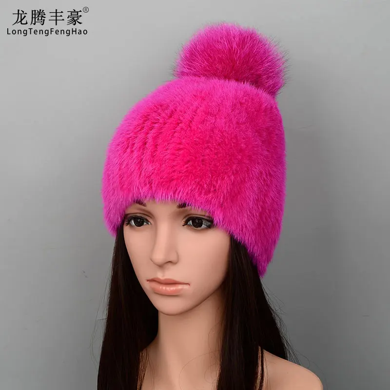 Mink Fur Knit Hat With Fox Fur Ball Winter Warm Women\'S Beanie Hat 100% Natural Authentic Fur Hat Russian Women\'S Hat