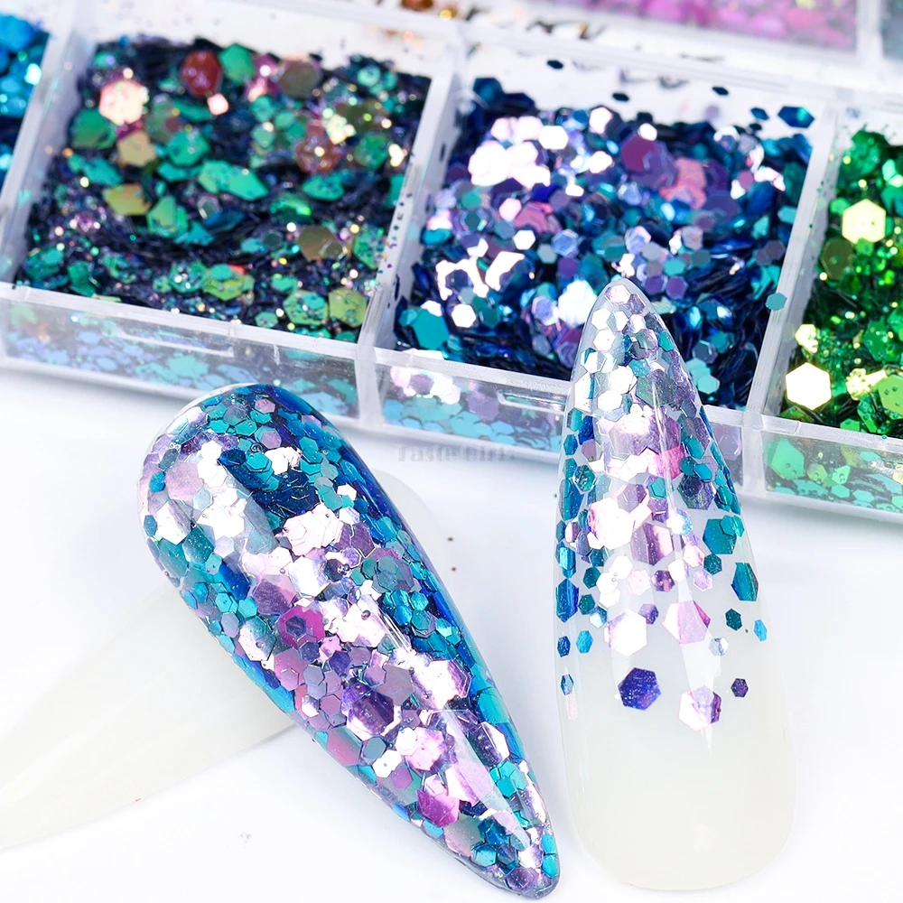 12 Grids/Box Glitter Holographic Laser Chameleon Hexagon Sequins Powder Nail Art Slice Decoration Manicure DIY Set