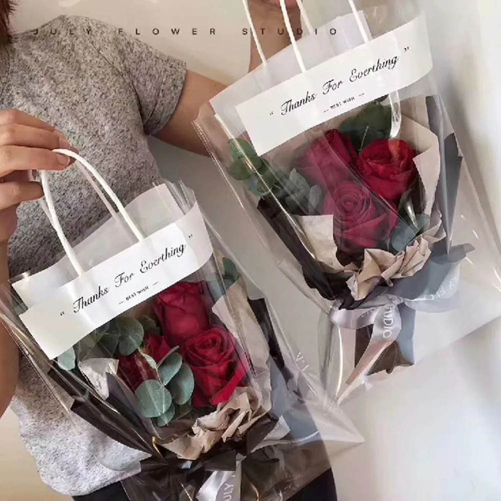 10PCS โปร่งใส PVC Tote กระเป๋าดอกไม้กระเป๋าถือแบบพกพาถุงบรรจุภัณฑ์ของขวัญเก็บของกระเป๋าดอกไม้กระสอบกระเป๋า