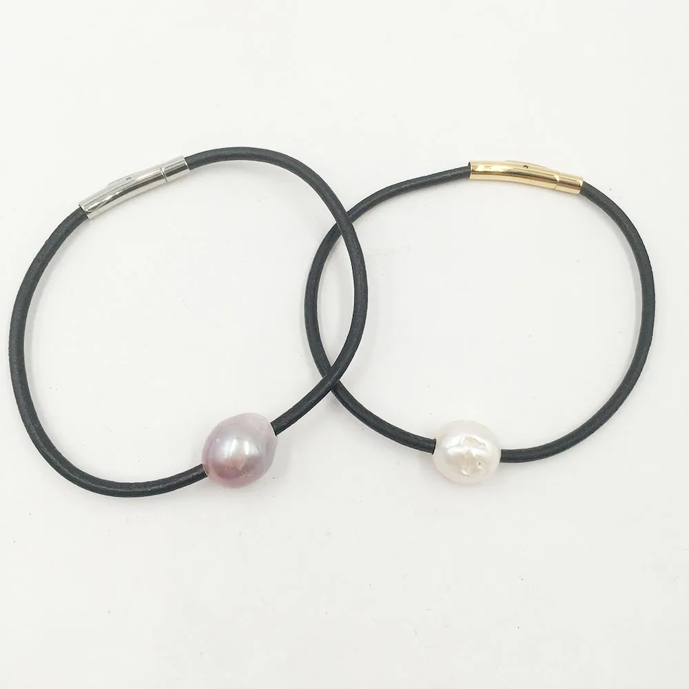 

Real Leather Rope Bracelet 11-13mm with Natural Pearl High-Quality IP Gold Plated Clasp Waterproof Accessory
