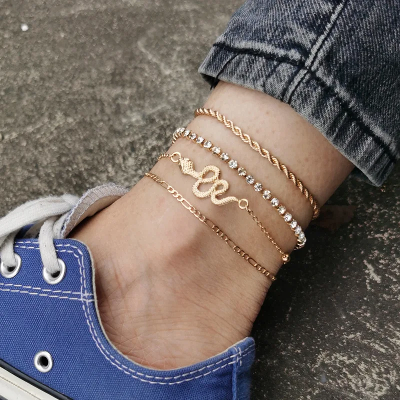 2023Retro Full Diamond Snake-Shaped Chain Multi-Layer Anklet Four-Piece Set Woman Anklets Gold Jewelry Joyero Gothic Accessories