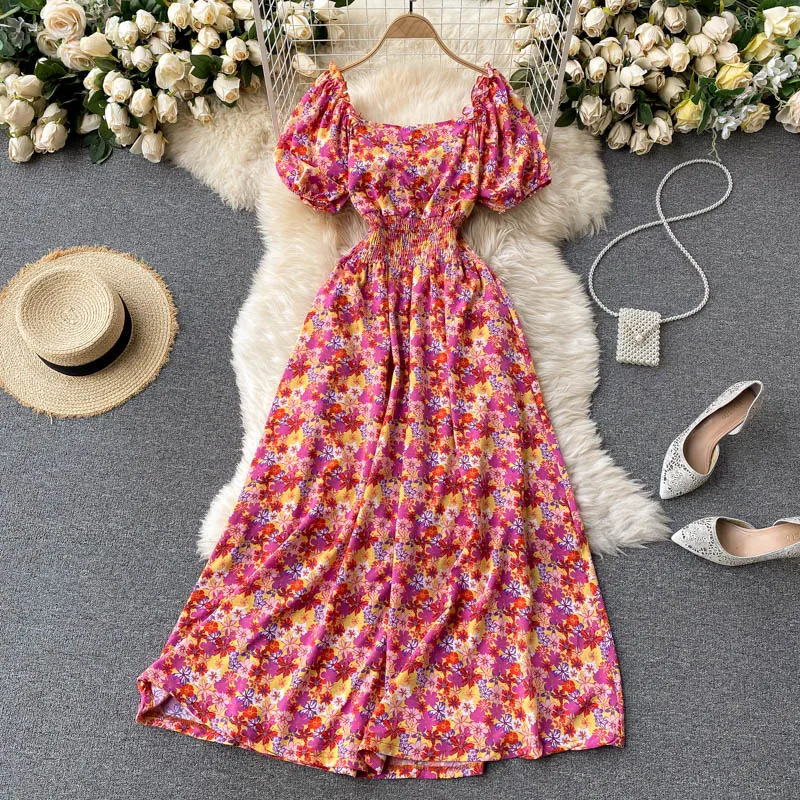 

Summer Floral Chiffon Dress Women's French Style Puff Sleeve Waist Short Sleeve Elegant Dress