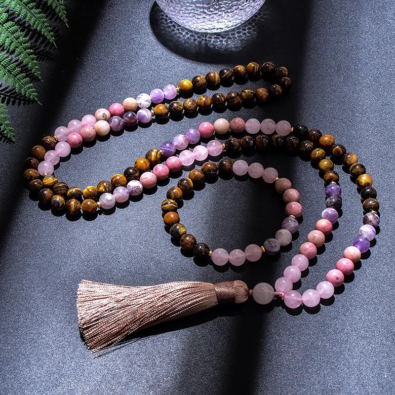 

8mm Yellow Tiger Eye Stone Rose Quartz Rhodolite Amethyst Beaded Japamala Necklace Bracelet Sets 108 Rosary Yoga Women Jewelry