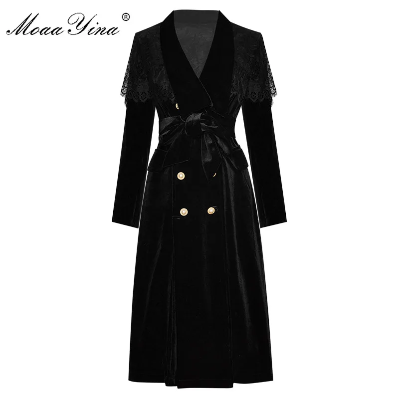 MoaaYina Fashion Designer Runway Windbreaker Lace Cloak Long sleeve Double-breasted black Velvet Windbreaker Coat