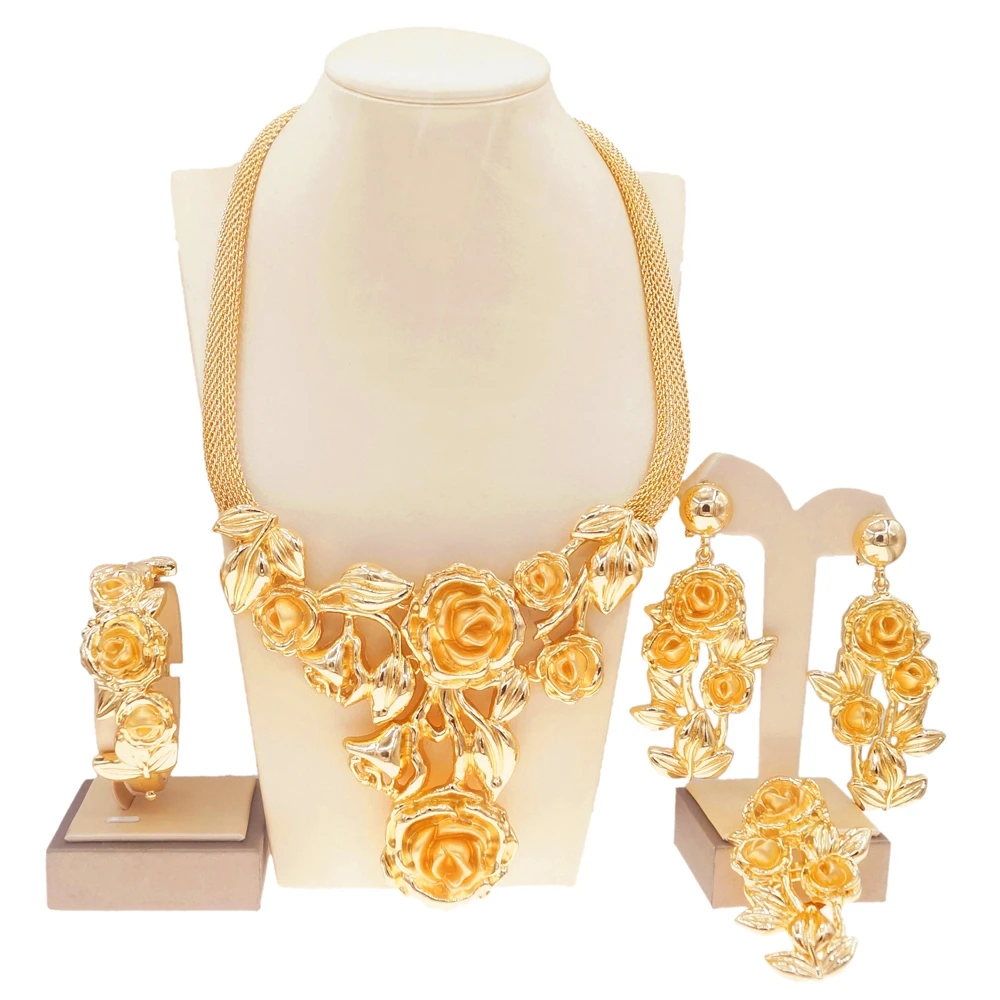 

Fashion Women Jewelry Set Rose Flower Necklace and Earrings Luxury Dubai Gold Bracelet Ring Party Gift Set High Quality Yulaili