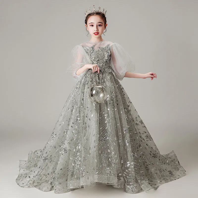 Fancy Flower Girl Prom Dress Kids Wedding Tulle Sequin Ball Gown Children Birthday Party Long Dresses Teenager Evening Vestidos