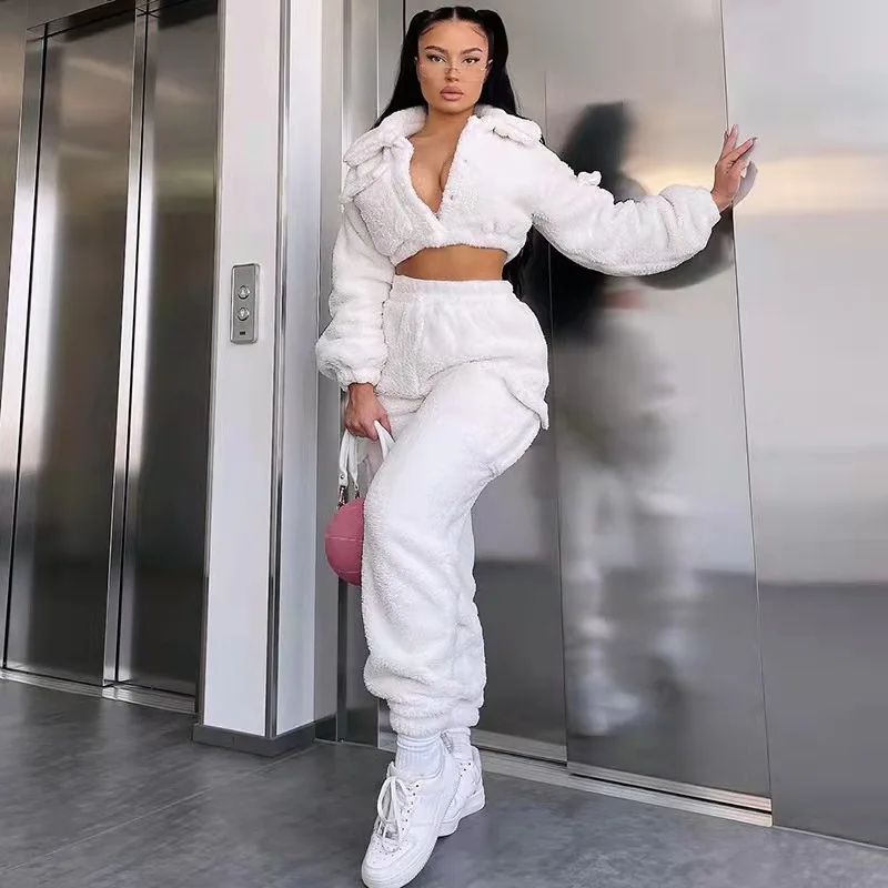 Fashion Sweat Suits 2 Piece Sets Women Outfits Casual Sportwear Sweatshirt+Sweatpants White Plush Warm Lapel Zipper Cardigan