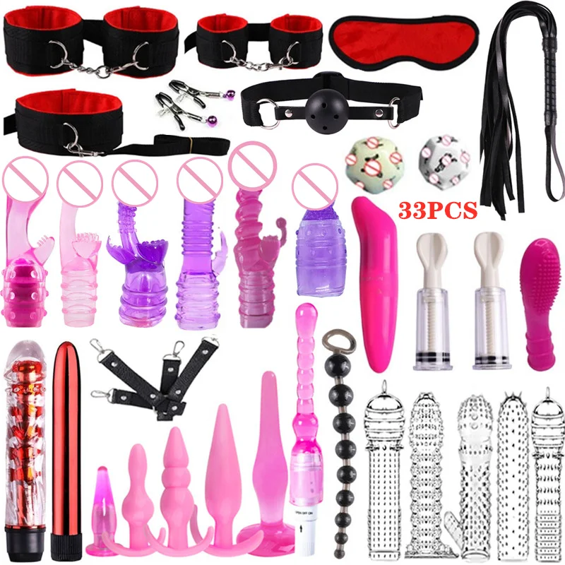 35Pcs BDSM Bondage Restraint Sex Handcuff Dildo Vibrator Masturbation Couple Anal Plug  Erotic Sex Product Adult Sex Toy Kit