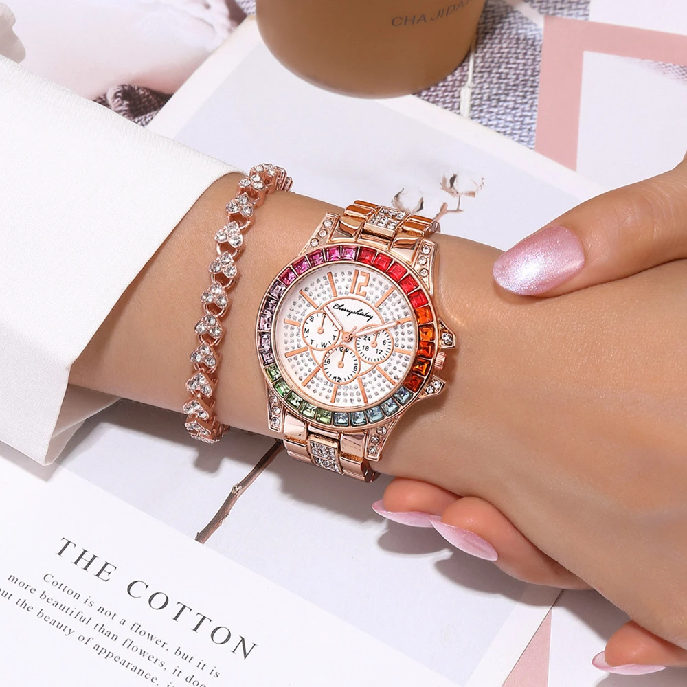 Fashion Women Stainless Steel Strap Watches Female Luxury Gold Colorful Diamond Round Dial Watch Ladies Fashion Wristwatches