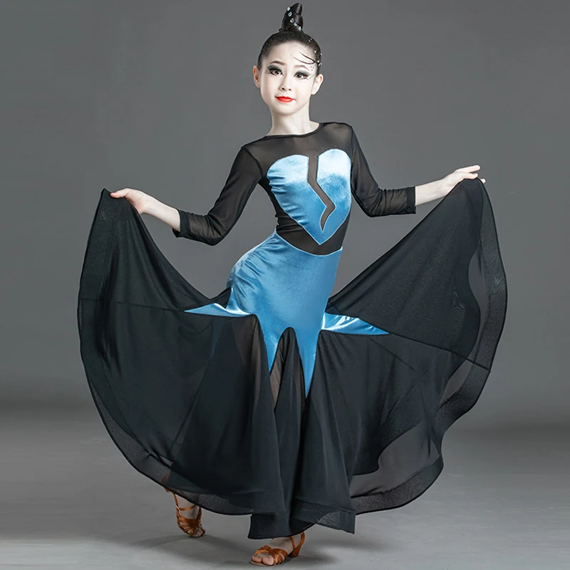 Novos vestidos de competição de dança de salão crianças veludo costura malha meninas valsa vestido flamenco palco desempenho wear dn6166