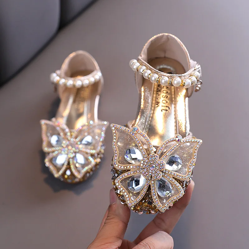 Zapatos con lazo de encaje de lentejuelas para niñas, zapatos informales de Baile de Princesa con perlas bonitas, nuevos zapatos de boda para fiesta