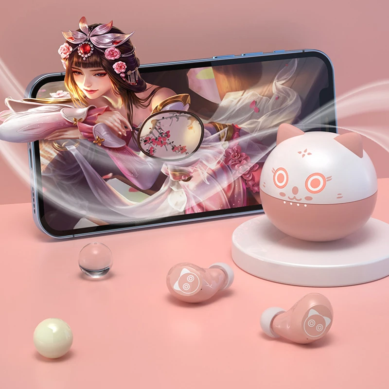 الوردي لطيف القط سماعات لاسلكية بلوتوث 5.0 TWS سماعة معكرون سماعات مع هيئة التصنيع العسكري شحن صندوق IPX7 مقاوم للماء