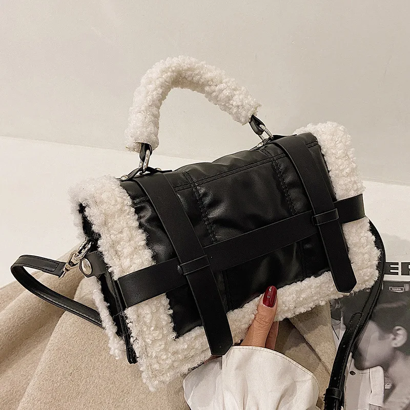 

Fashion Lambswool Women Handbag Designer Quilted Shoulder Bags Luxury Fur Leather Crossbody Messenger Bag Small Flap 2021 Winter