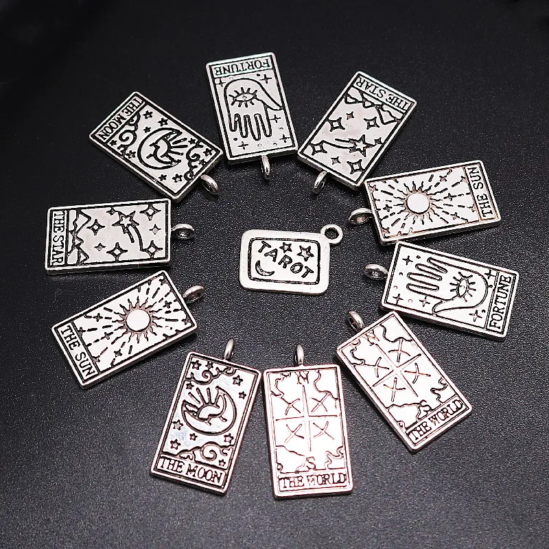 15pcs Silver Plated Witch Divination Tarot Card Moon Sun World  Pendant  DIY Charm Bracelet Necklace Jewelry Crafts Making